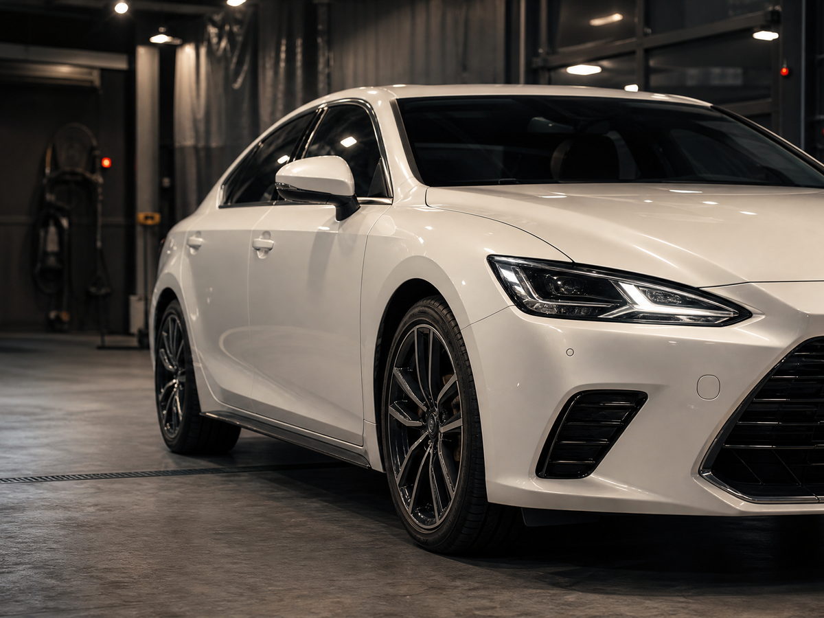 Sedan parked under the lights inside a collision repair bay