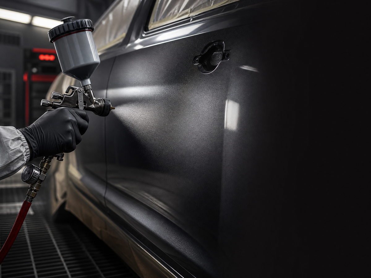 Spray gun laying a coat of colour down a repaired door panel